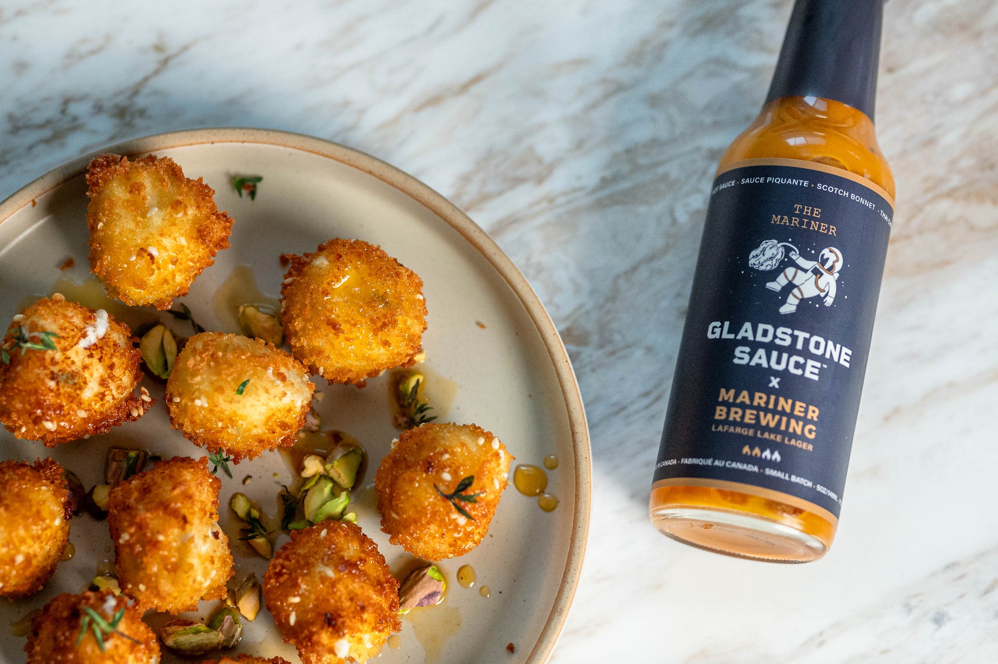 Gladstone The Mariner Hot Sauce with goat cheese balls