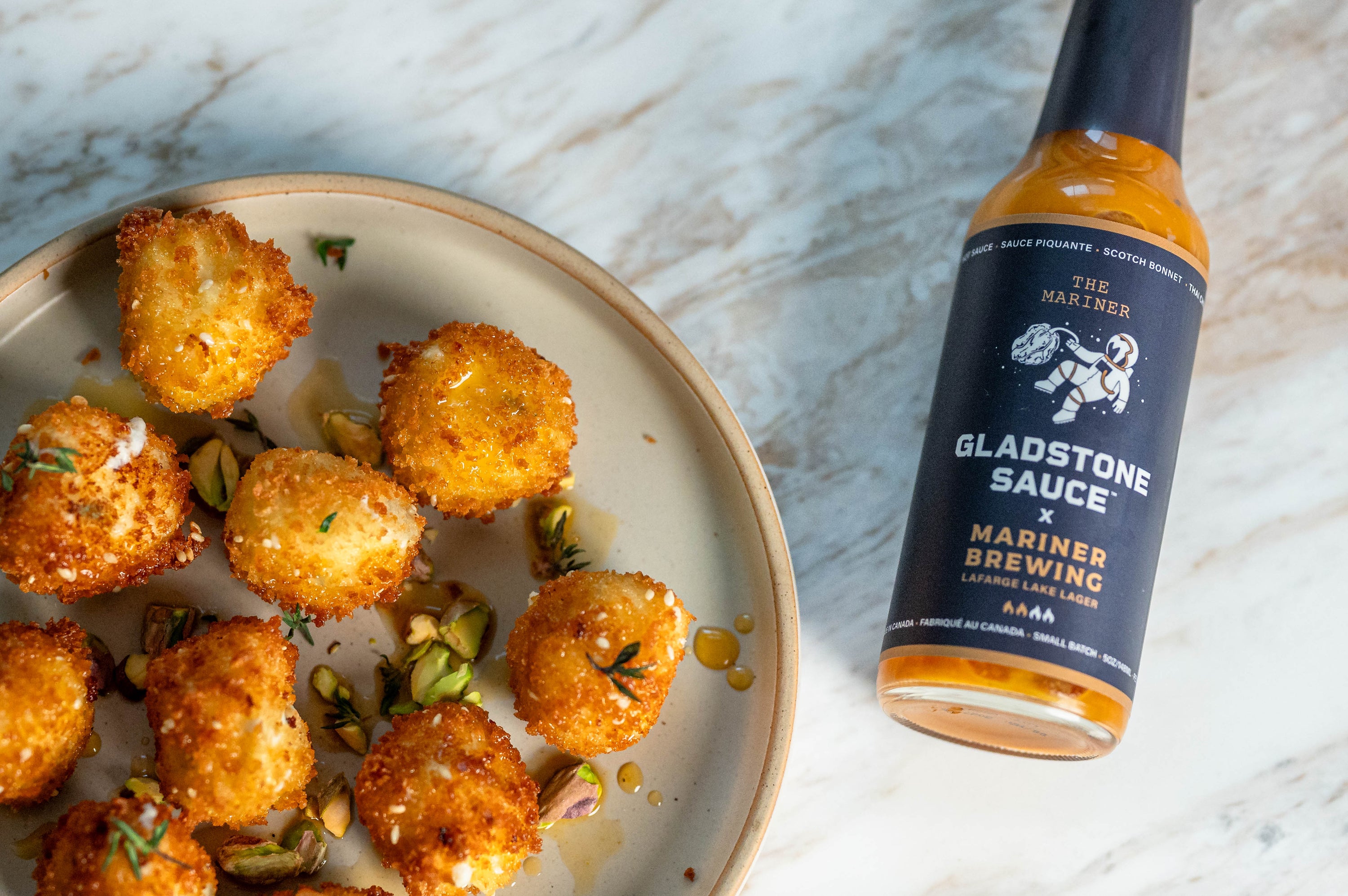 Gladstone The Mariner Hot Sauce with goat cheese balls