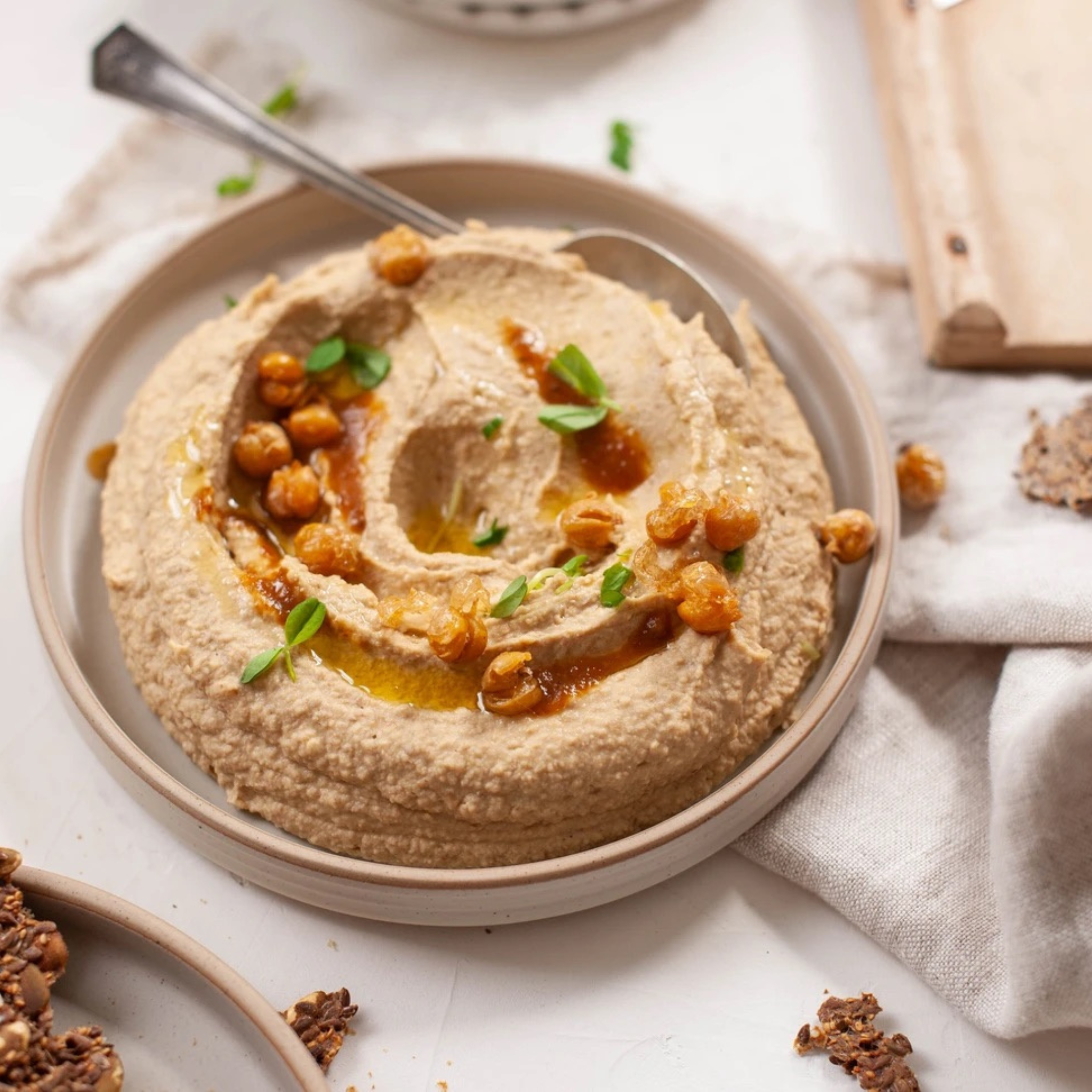 spicy smoky lentil hummus with crispy chickpeas
